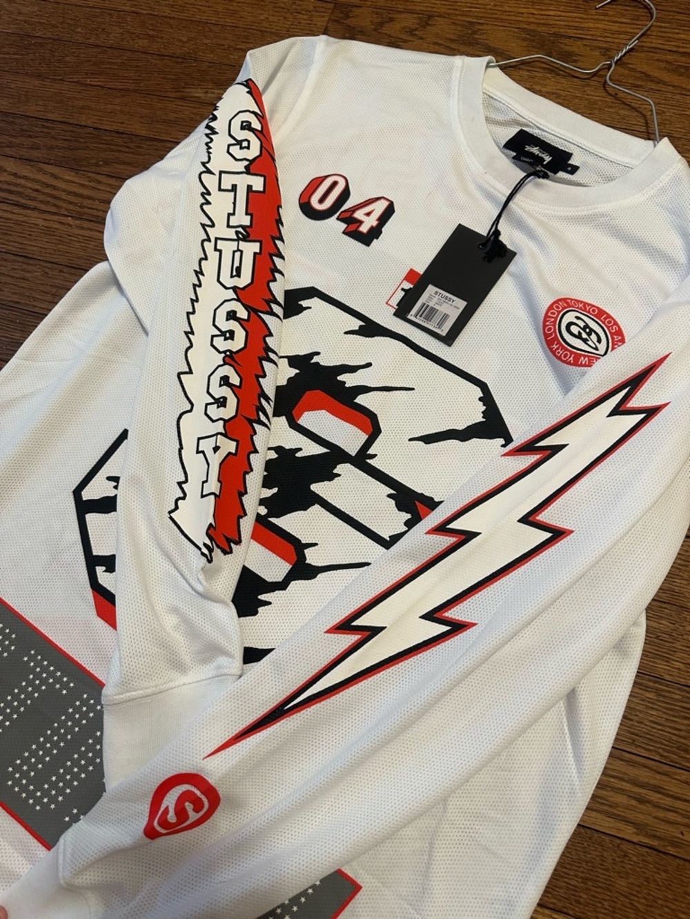 Stussy White Long Sleeve Tee with Black & Red Graphic 'S' - Picture 7 of 8